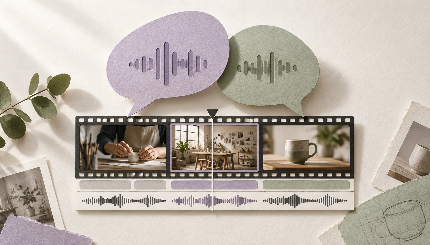Paper dialogue shapes above an editable sequence of video frames, captions and audio