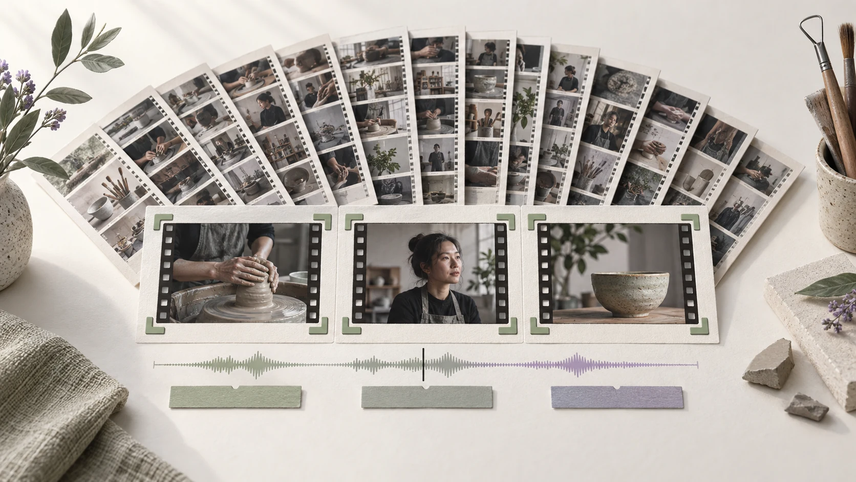 A collection of footage thumbnails becomes an ordered selection of clips, captions and audio